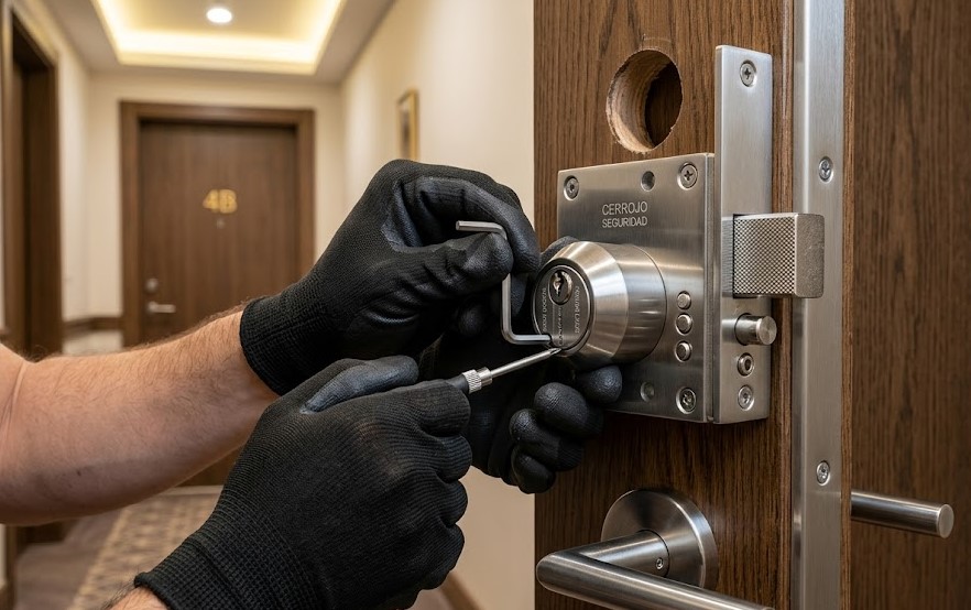Técnico instalando cerradura anti-bumping en un piso del barrio de Bufalà